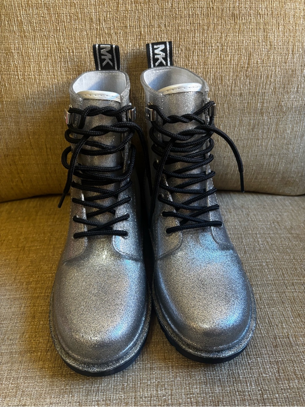 Michael Kors Silver Glitter Lace-Up rain Boots with Black Laces